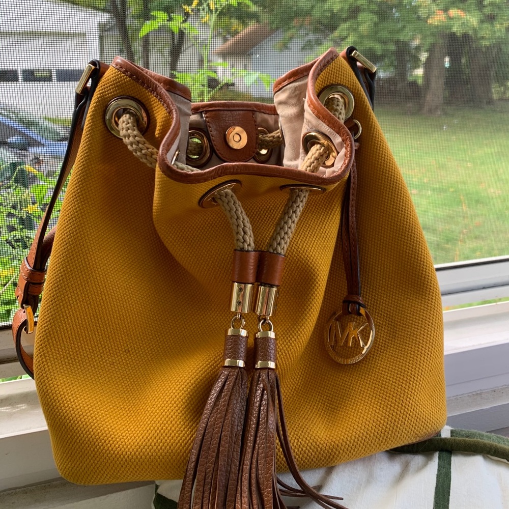 Mustard Michael Kors Marina Canvas Bucket Purse